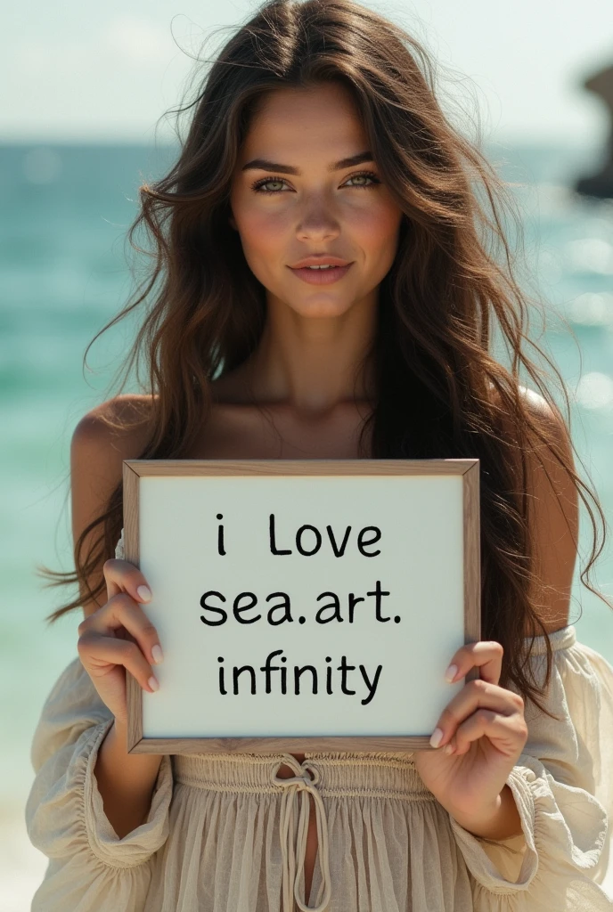 Beautiful girl with wavy long hair, bohemian dress, holding a white board with text "I Love Seaart Infinity" and showing it to the viewer
