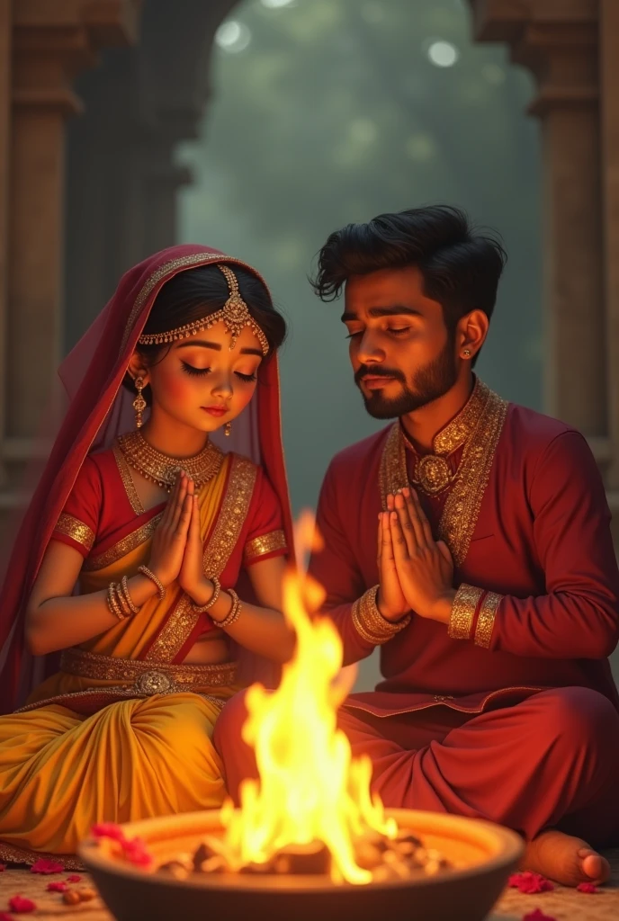 Young couple sitting in pooja in front of a pyre. Bride yellow saree with red veil. Eyes closed. Gold jewellery. Heavy makeup eyes closed hands in prayer. Groom in maroon kurta slight beard eyes closed. Bride slightly chubby and with dimples. Bith young looking . In devotion. Slightly sharp features