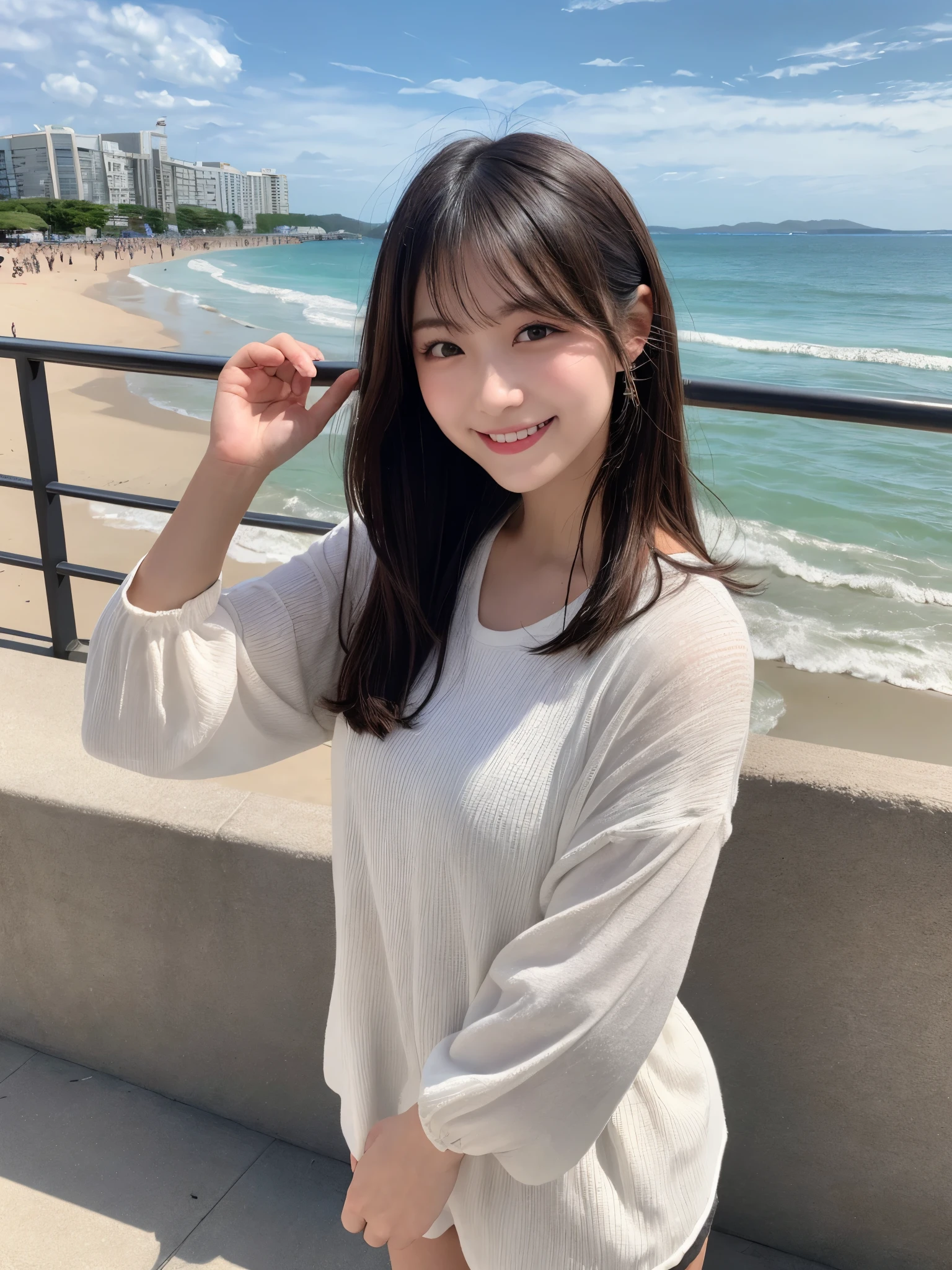 (((Photo from below:1.4)))、(((Beautiful girl standing on a hill and looking down at the viewer:1.3))),((beautiful sea blue:1.2))、((white sand beach))、(cute profile)、(((????? oversized knit sweater:1.3)))、(((When I pull up the hem of my clothes, appear.:1.2)))、(very detailed beautiful face of one young girl), Great look and best quality:1.4), (Super detailed), (8K Dende Wallpaper), very detailed, High resolution RAW color photos, professional photography, realistic portrait, wonderful face and eyes, brown eyes, In 8K、very detailedbeautiful girl's detailed face、very detailed目、very detailed肌、very detailed指、very detailed鼻、very detailed detailed mouth、perfect ???????、detailed background、detailed clothing、beautiful girl、(16:1.2)、16 years old、cute girls、realistic body、body like a model、((realistic beautiful girl))、small、white skin、glowing skin、because I'that'that'that'that'It's thin、((very short and beautiful black hair))、((Nogizaka ))、((smile:1.2))、bangs: 1.5、cute face、Real-looking face、delicate eyes、((Wearing high school uniform and playing in the sea:1.3))、((lift knit sweater、Private parts and breasts appear..))、16 years old, ((Jumpy))、(I feel itching when I open my legs)、please open your legs、((Local parts appear.......................))、((???????????? ))、((small breasts and small nipples............)), Depth of written boundary, full shot、3 women、Japanese、16 years old、(beautiful face:1.5)、(not wearing anything)、(running on the beach)