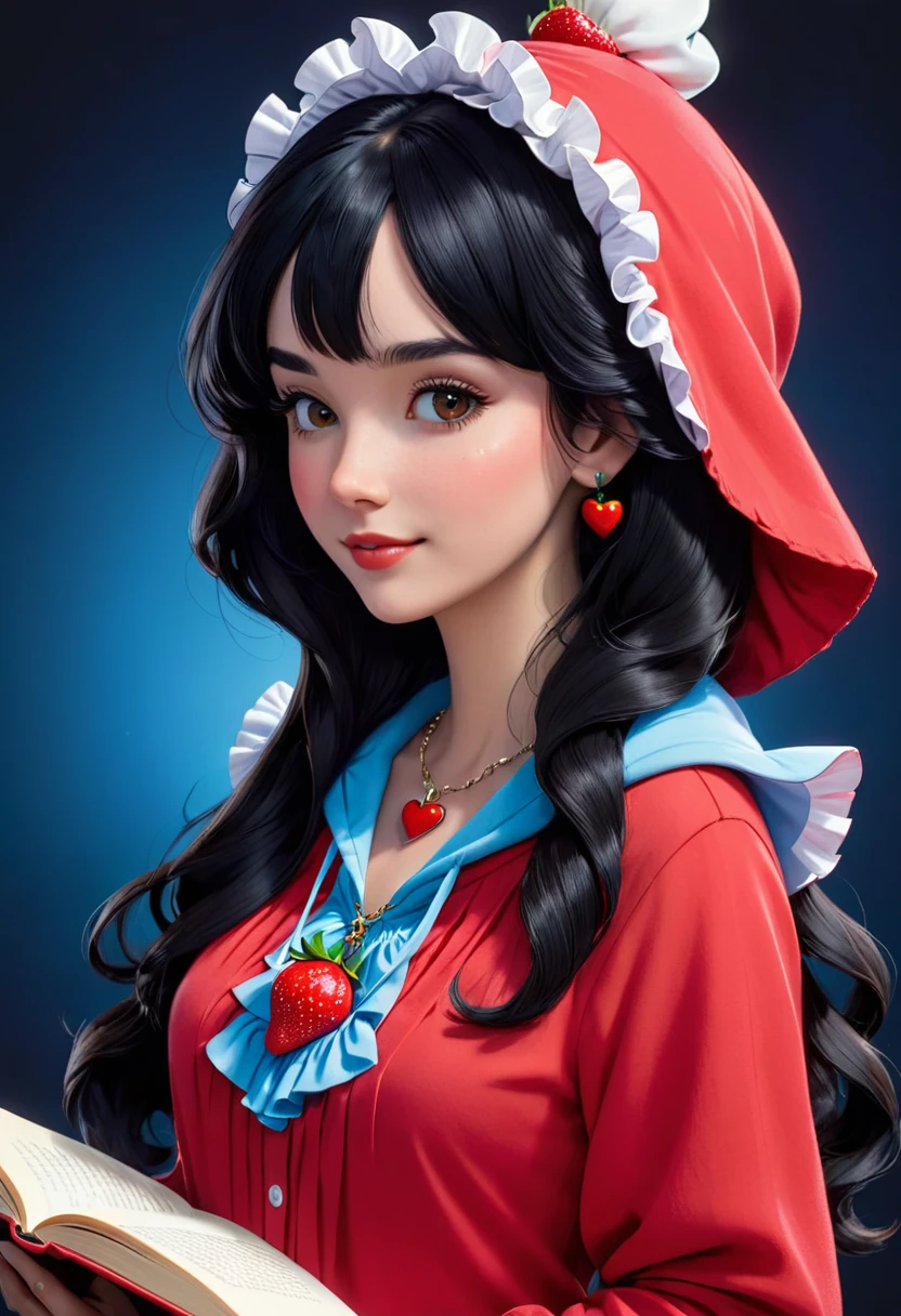 Disney image of a black-haired woman, straight , long, Book hairstyle with ruffles wearing a long-sleeved red asterick shirt with a small strawberry in the middle, a hood on, and a necklace with a blue heart on a dark background