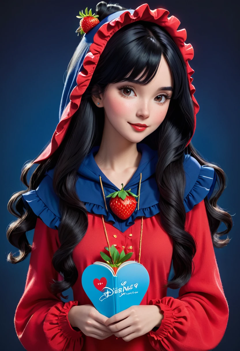 Disney image of a black-haired woman, straight , long, Book hairstyle with ruffles wearing a long-sleeved red asterick shirt with a small strawberry in the middle, a hood on, and a necklace with a blue heart on a dark background