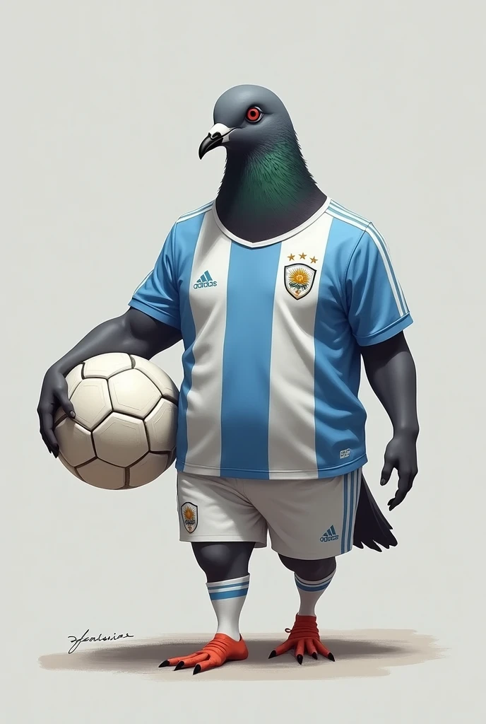 Make a grey pigeon with a darker grey neck and wearing the Argentine national team&#39;s clothes with a soccer ball 