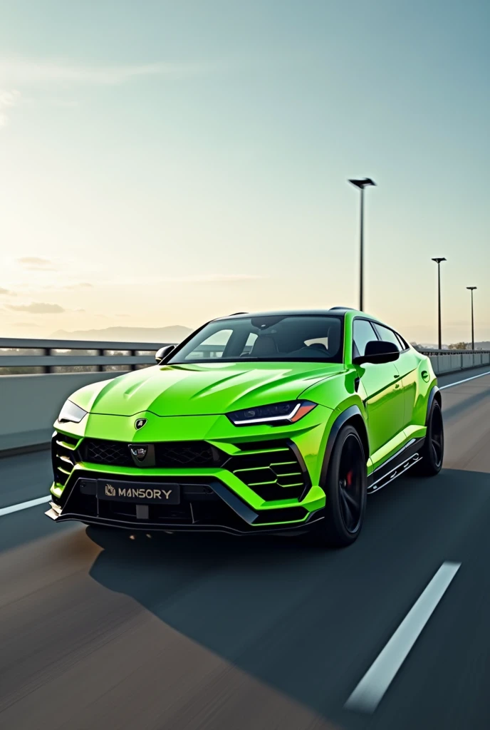 A neon green Lamborghini urus on highway with
black mansory body kit on it different