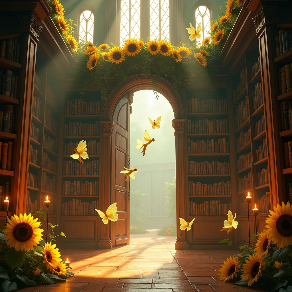 a magical library with glowing fairies and scattered candles.; In the center of the room there is a door with a curved top and covered with sunflowers on the edges.