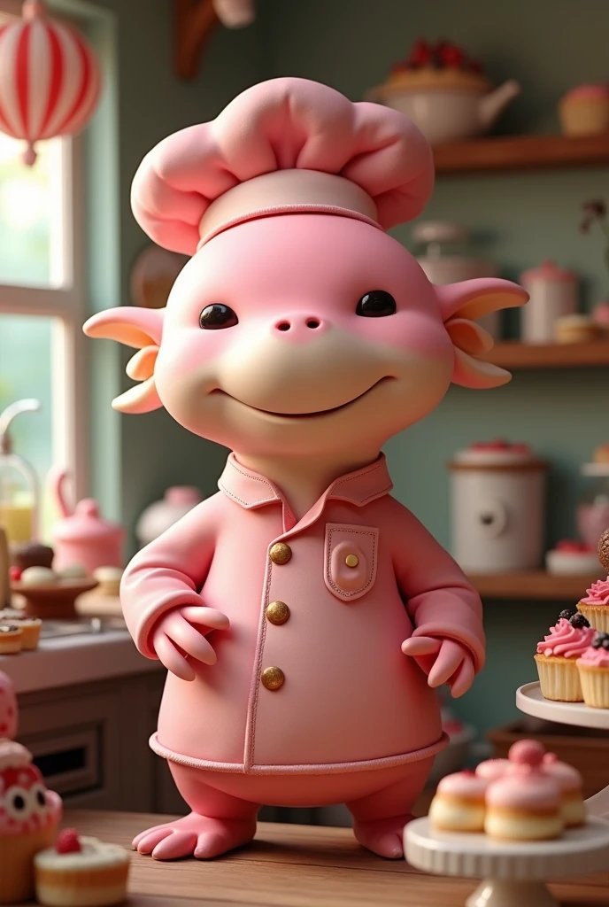 I need animal axolotl dressed as a pastry chef rose color and nomber the sweet memory, is a entreprenaut the bakery and catering but create 3 d imagen