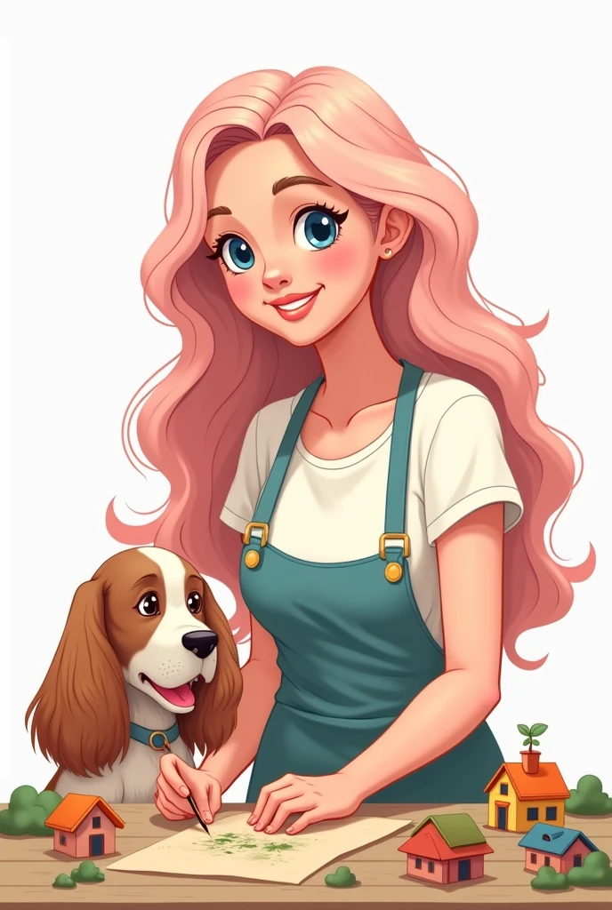 draw basic style, simple vector. Create avatar of curvy craftswoman girl, very beautiful upper body. Long light pink hair, blue eyes, wide smile, white t-shirt with apron. She is with a charming red irish setter dog. in the table, working with mini houses dioramas. Specific art, fanart, sweet color, white background, clipart illustration, simple art, cartoon 2D, no shading, PNG, front view, close up