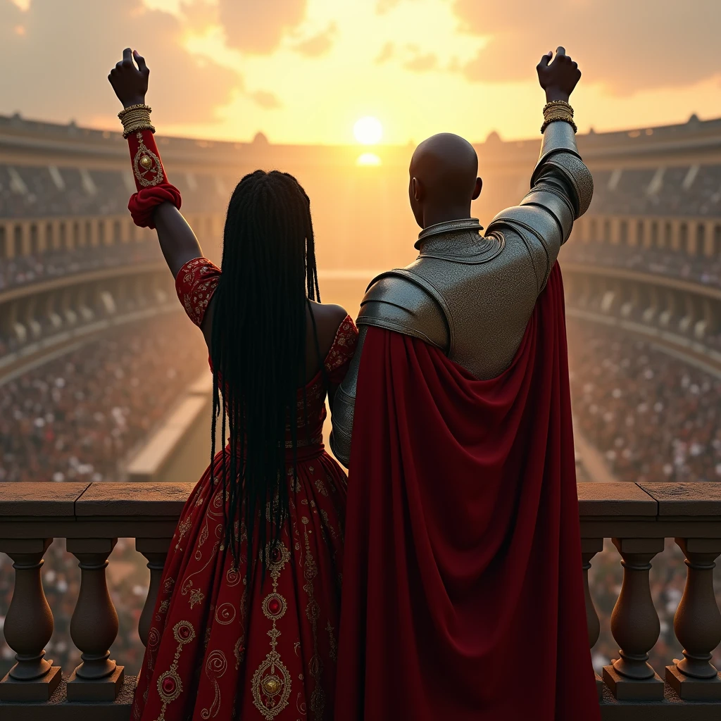 /imagine a wide aerial view of the ((back/rear view of)) realistic intricately detailed beautiful African girl (Lisa) with long black dreadlocks wearing a realistic intricately detailed beautiful red medieval fantasy gown with beautiful gold embroideries, gold jewelries embellished with red rubies and a realistic intricately detailed handsome muscular bald headed African man (Rex) wearing a silver medieval fantasy knight armor with a red cloak, Lisa and Rex are valiantly standing side by side each other on a medieval fantasy balcony while rasing their right hands in triumph towards a vast beautifully sunlit medieval fantasy crowded colosseum background featuring beautiful ethereal golden sunrays and beautiful golden hour clouds/skies : cinematic lighting, dynamic lighting blends seamlessly with natural light, ultra HD resolution, photography, photorealistic quality, high details, dark grey color grading, dark grey monochromatic atmospheric haze/fog, realistic movie scene.