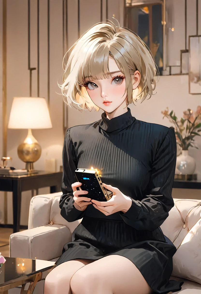 A beautiful girl with short blonde hair playing a switch in a stylish living room. A masterpiece. Korean-style glitter eye makeup. Mature.
