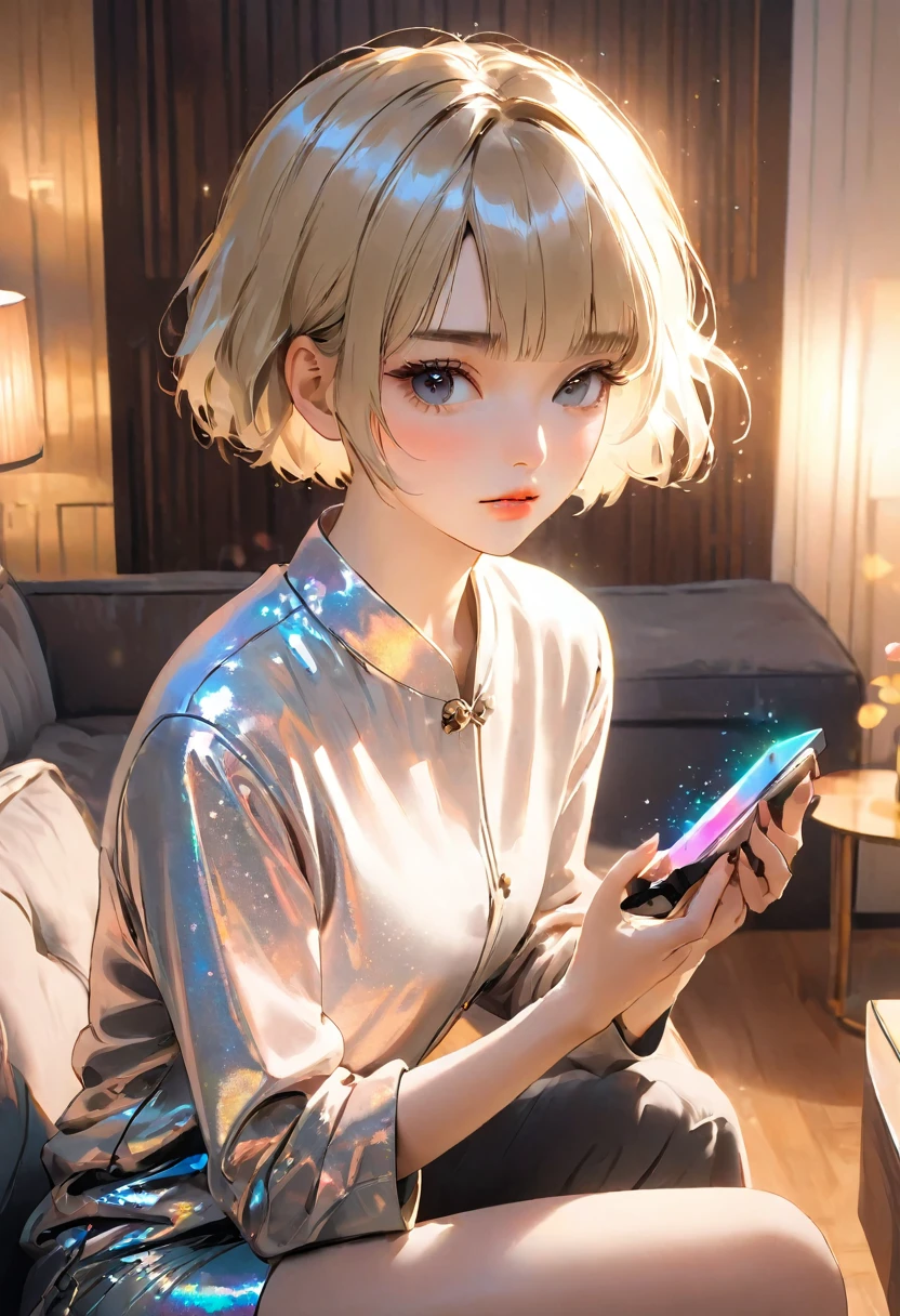 A beautiful girl with short blonde hair playing a switch in a stylish living room. A masterpiece. Korean-style glitter eye makeup. Mature.
