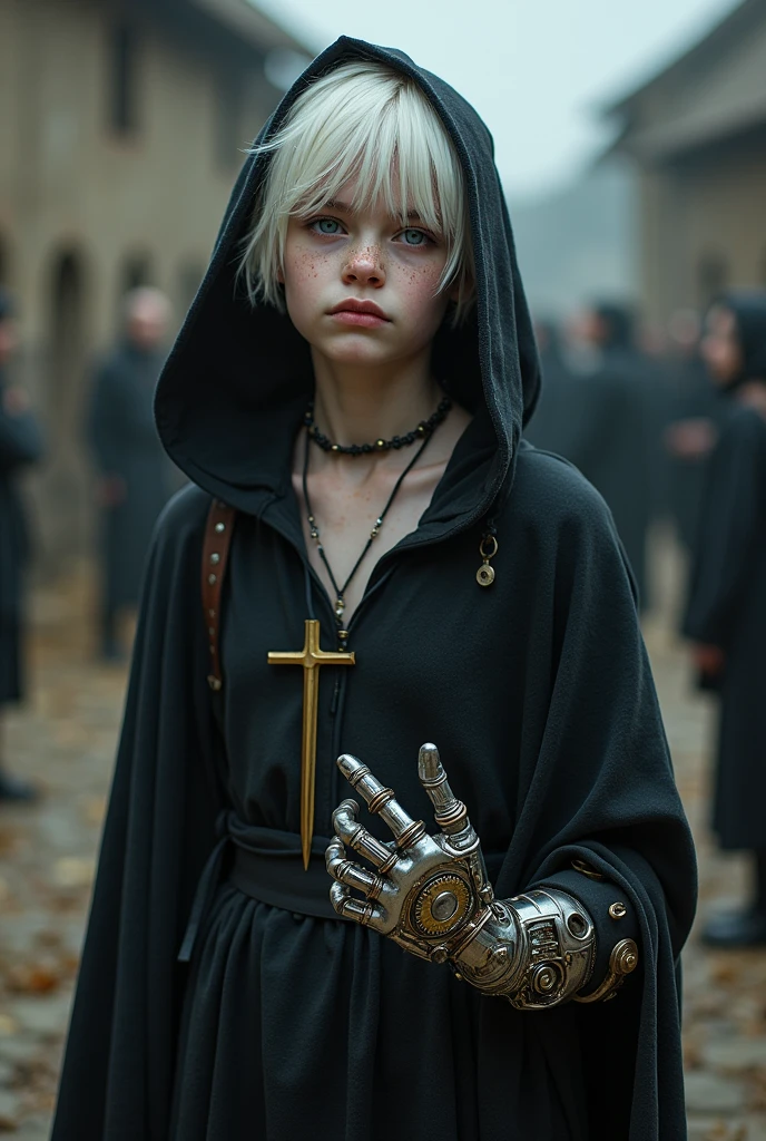 Middle Ages Albino Teenager Seeking Violent Revenge , with white hair violet eyes soft freckles, you came in black with a cross necklace and a mechanical hand with steampunk technology 