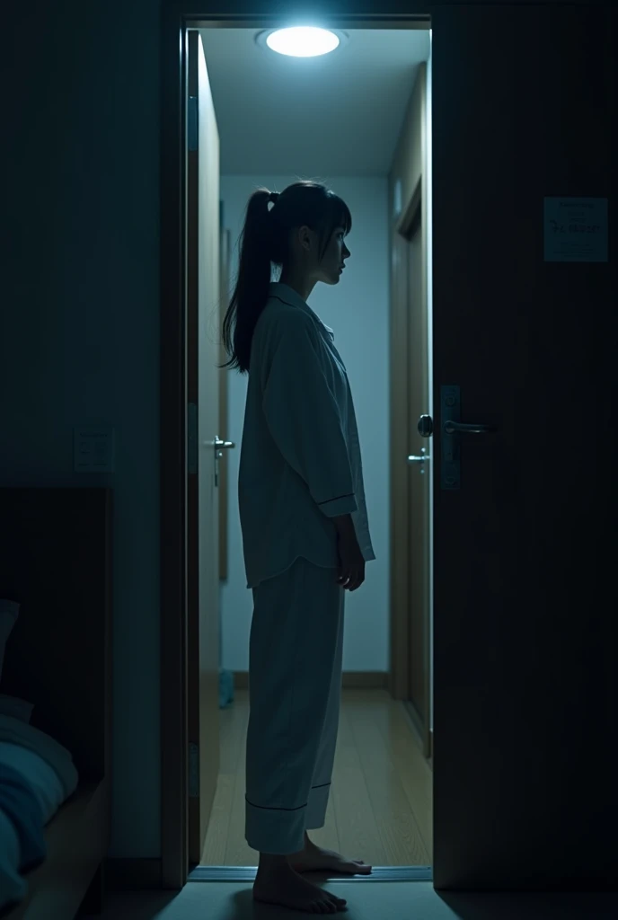 A modern Japanese woman in her late 20s, wearing pajamas, stands cautiously at the entrance of her apartment at night. The scene is dimly lit by a single overhead light, casting long shadows. The door is slightly ajar, and she is looking outside with a worried expression. The atmosphere is tense and eerie