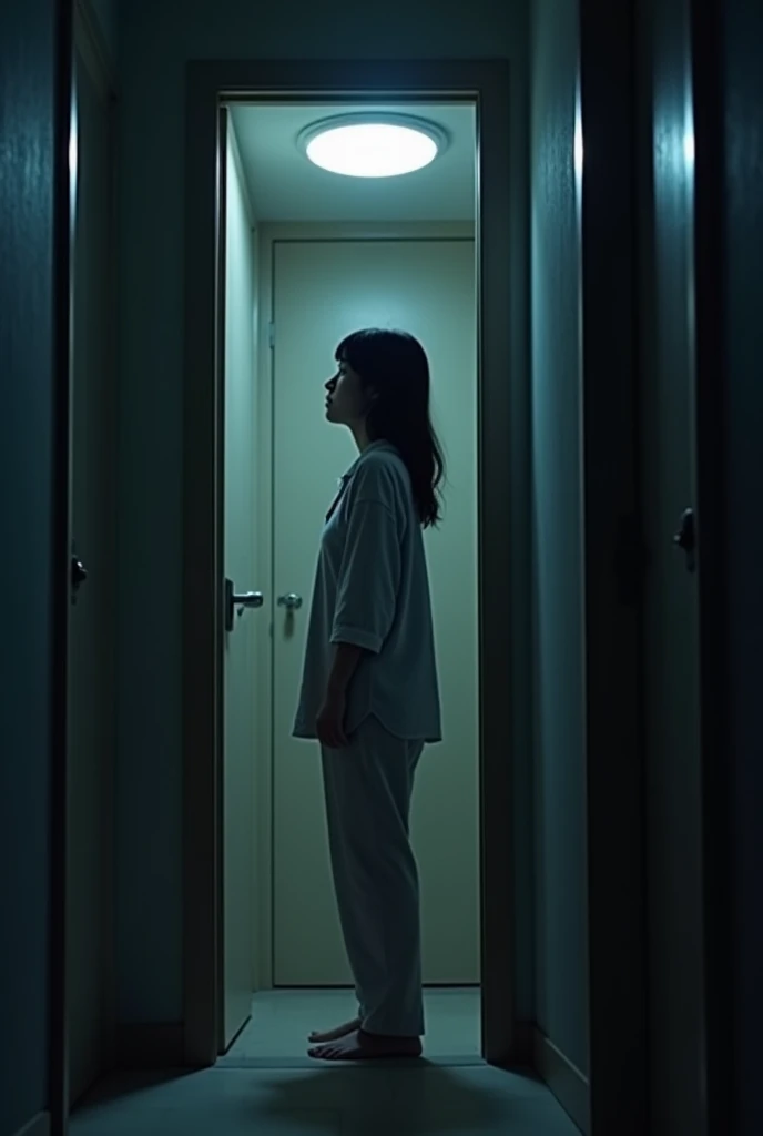 A modern Japanese woman in her late 20s, wearing pajamas, stands cautiously at the entrance of her apartment at night. The scene is dimly lit by a single overhead light, casting long shadows. The door is slightly ajar, and she is looking outside with a worried expression. The atmosphere is tense and eerie