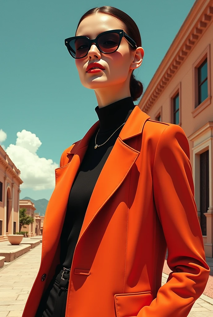 modern coat and sunglasses is a modern 1960s style, Clothes all in one color, beautiful background