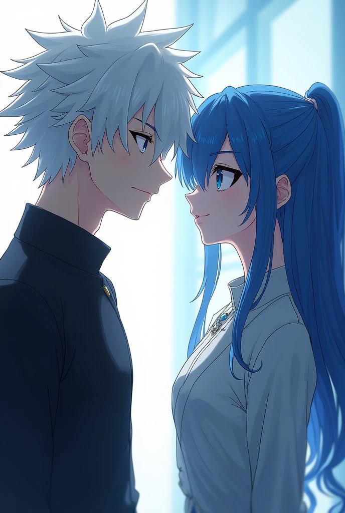 Tall albino-haired man and blue-haired woman looking at each other from the side, with the same height, estilo anime kimetsu no yaiba