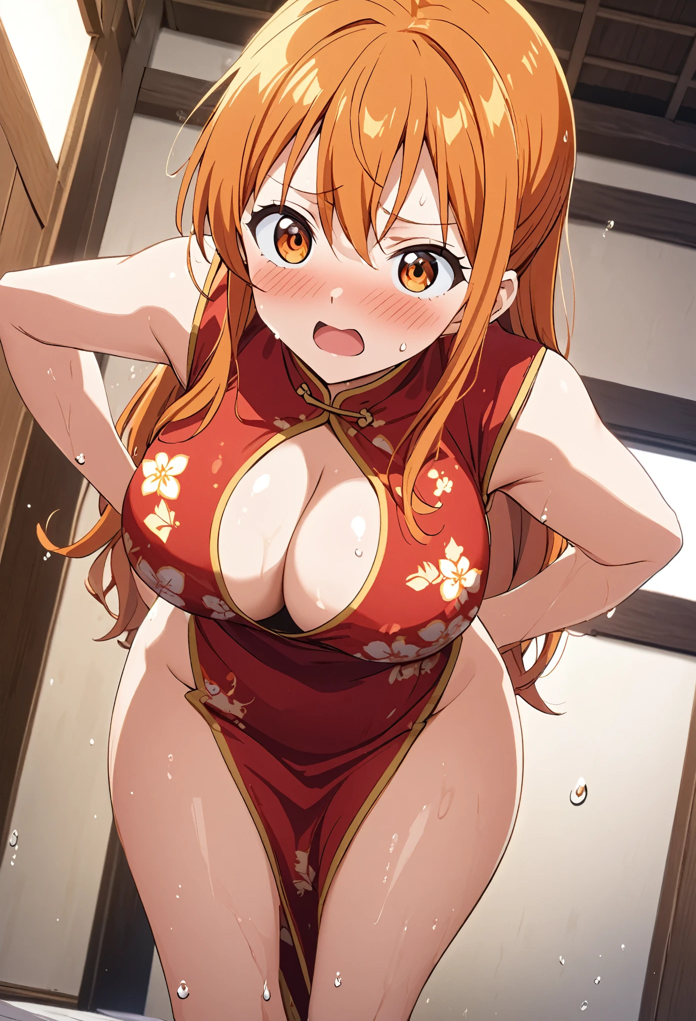 score_9, score_8_up, score_7_up, source_anime, best quality, clear face, Nami, orange hair, orange eyes, long hair, large breasts, perfect body, standing, looking at viewer, shocked, china dress, red clothes, dynamic angle, indoor, wet clothes,blushing,embrassed,see though clothes,big boob,hands behind back, view from below,bend over,ripped clothes, cleavage,sideboob,