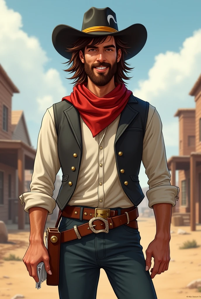 man, brown skin, brown hair.,
He has a long messy hairstyle, with a white streak in his hair,
brown eyes, and a short, well-groomed beard.
He has a normal physique, wears a black cowboy hat with a yellow band on it.,
He wears a black vest over a rolled-up white dress shirt, a red scarf around his neck, pants with a buckle, and boots with spurs. He is cheerful and well-liked, and he carries two decks of cards with him in 1857