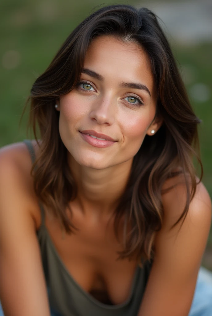 photo réaliste d'une femme sud américaine d'environs 25/30ans dehors qui prend une pose assez avenante avec les yeux vert