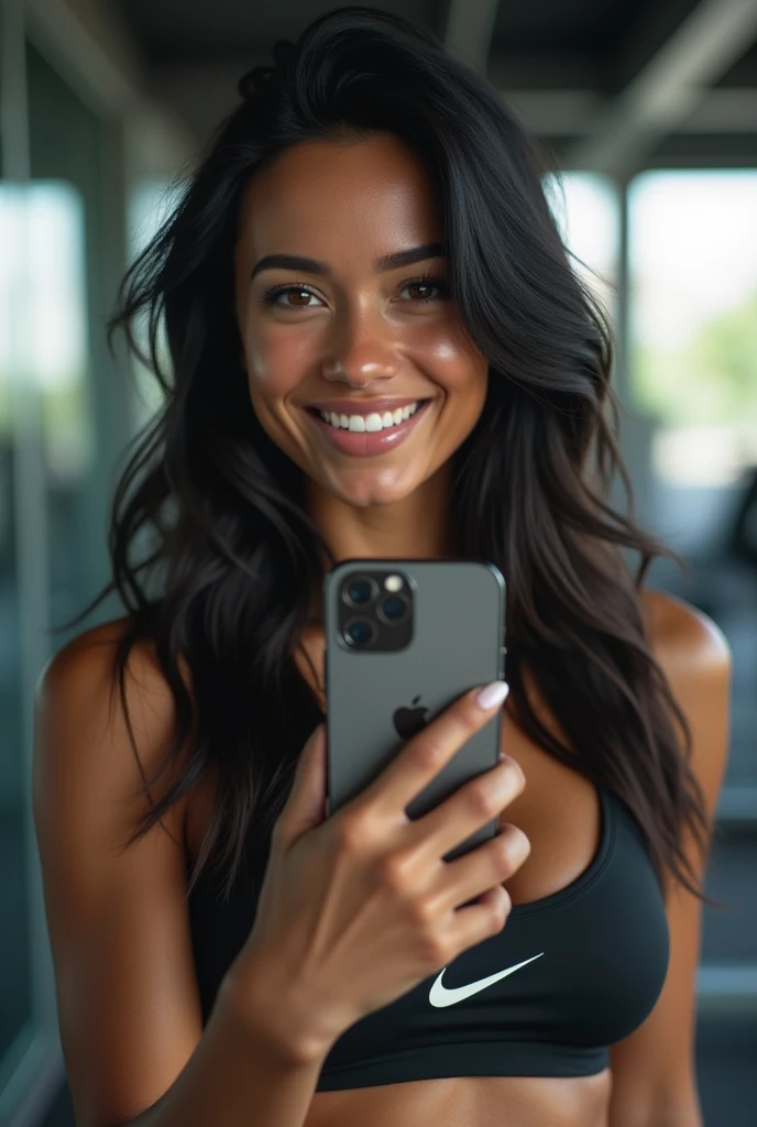 woman, Brazilian, black hair, at the gym, wearing Nike gym clothes, with iPhone in hand taking photo in the gym mirror and smiling, 32K, realistic, natural pose, Instagram model