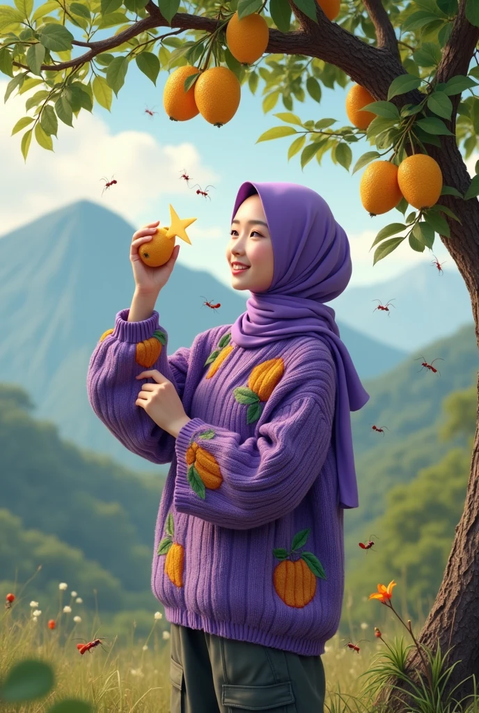 Beautiful Korean girl, smooth white skin, well-groomed face, purple hijab, purple knitted hoodie with fruit pattern, cargo pants, on a star fruit tree picking fruit, surrounded by red ants, with a mountain background, looks authentic, real and realistic in the photo