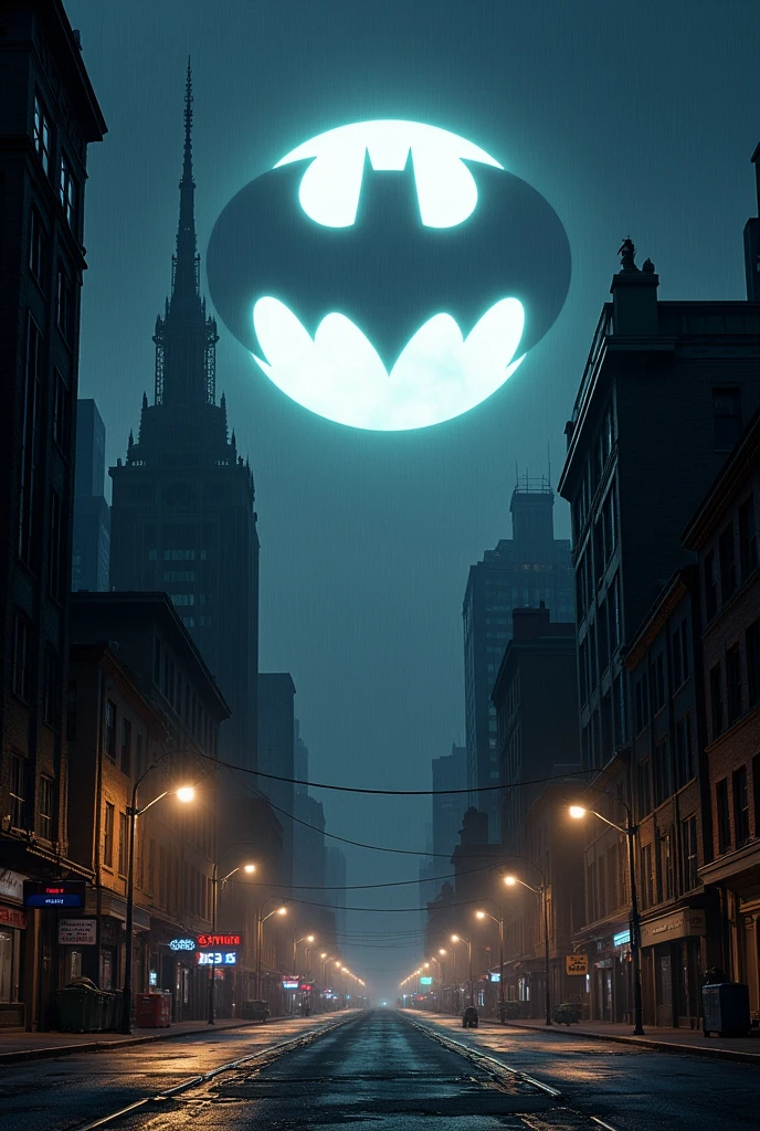 gotham city la nuit avec une projection du style batman dans le ciel ou il y'a ecrit gotham coffee 35 en cartoon