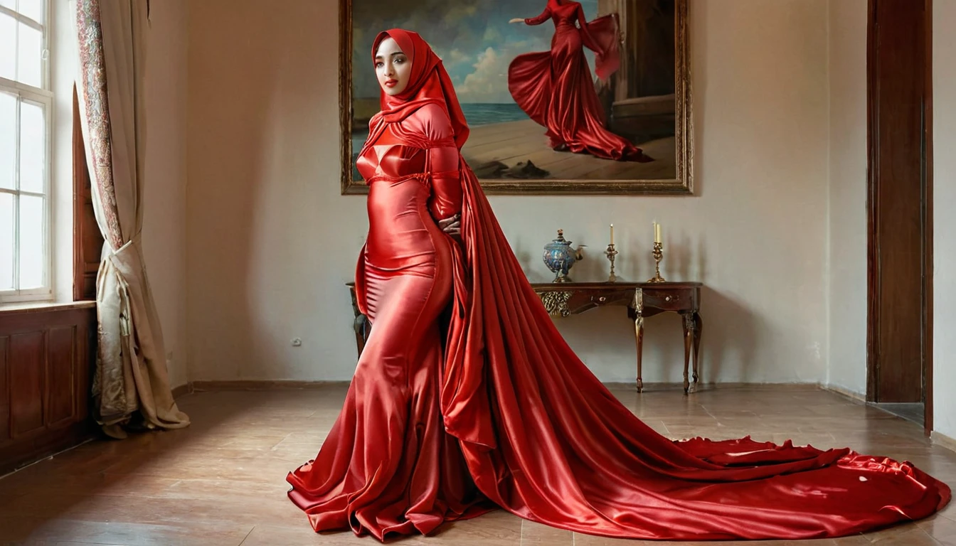 A woman shrouded in a 10-meter-long, plush red satin cloth, tightly bound and grandly draping along the form of her body, flowing off into a pooled floor-length train, styled in a mermaid-inspired outfit, her head modestly veiled in a satin hijab, tall woman, walking in room, a full-body pose posing in front of people, captured in a 4k resolution, ultra-realistic