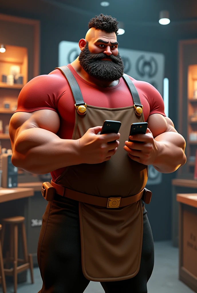 mascle apavorante curly hair half bald Chubby Beard holding cell phone or phone Store manager dressed as The Incredibles The arms are thick Apron that matches the stylized 3D costume, 3D character rendering, cartoon character, Personagem de close up, character posing, (Pixar-style) (master part:1.2) (bokeh) (best qualityer) (skin detailed) (detailed texture) (8k) (Argilla) (cinematic lighting) (sharp focus,