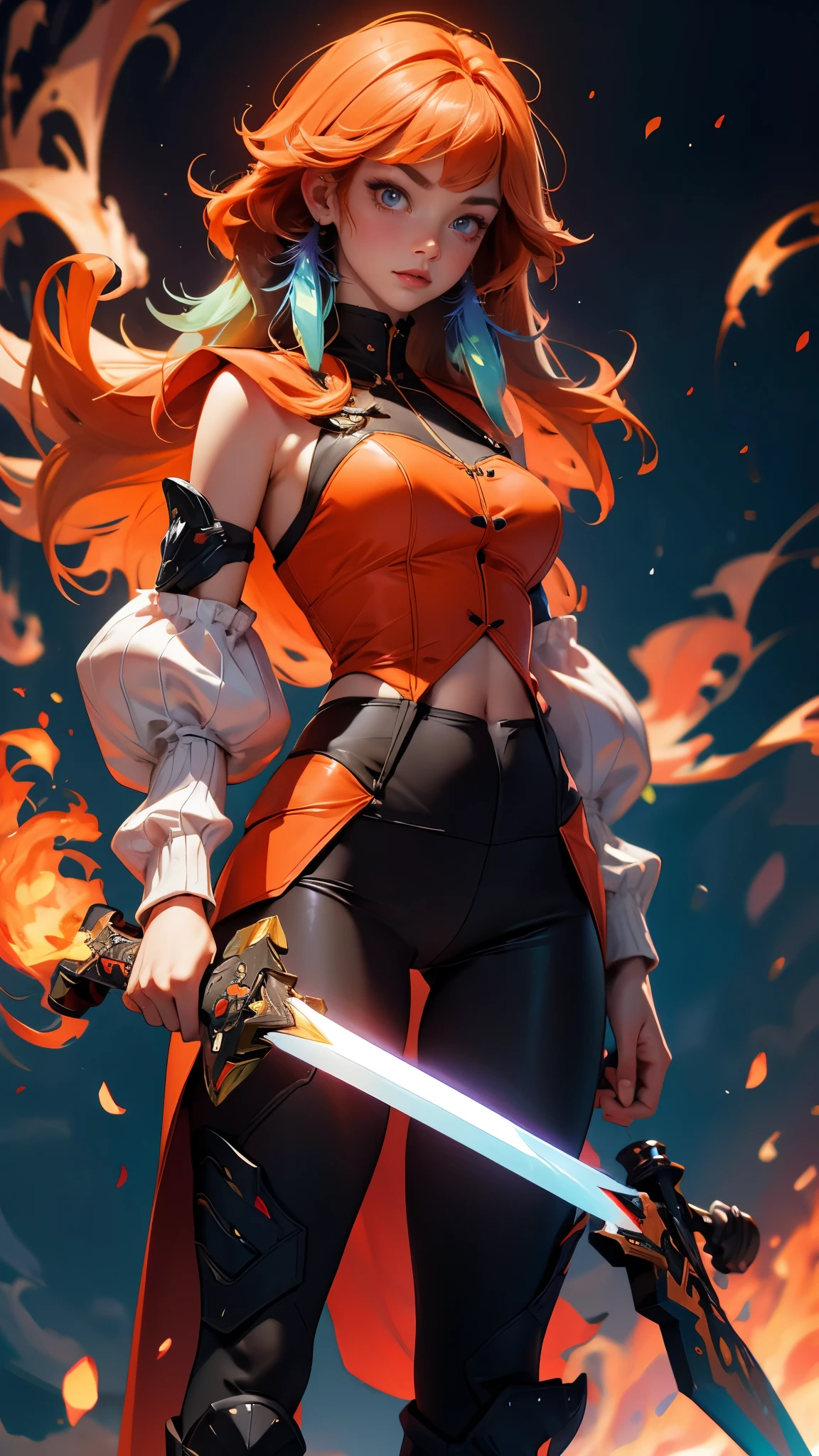 envision a 8k, highres, dynamic, cinematic full body character design of a beautiful Austrian girl Phoenix named Kiara Takanashi with medium long orange hair with blue highlights, and bright purple eyes wearing a sleeveless shirt and sleeve gauntlets with a large sword on her back against a dark gray background with fire effects