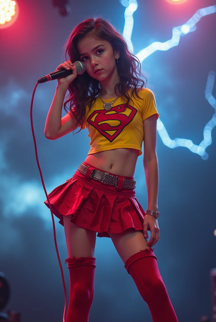 Rock Supermanpreteen girl  miniskirr hard red and stars yellow hold marvel holding the microfon singing with a background of thunder and a very rock vibes.