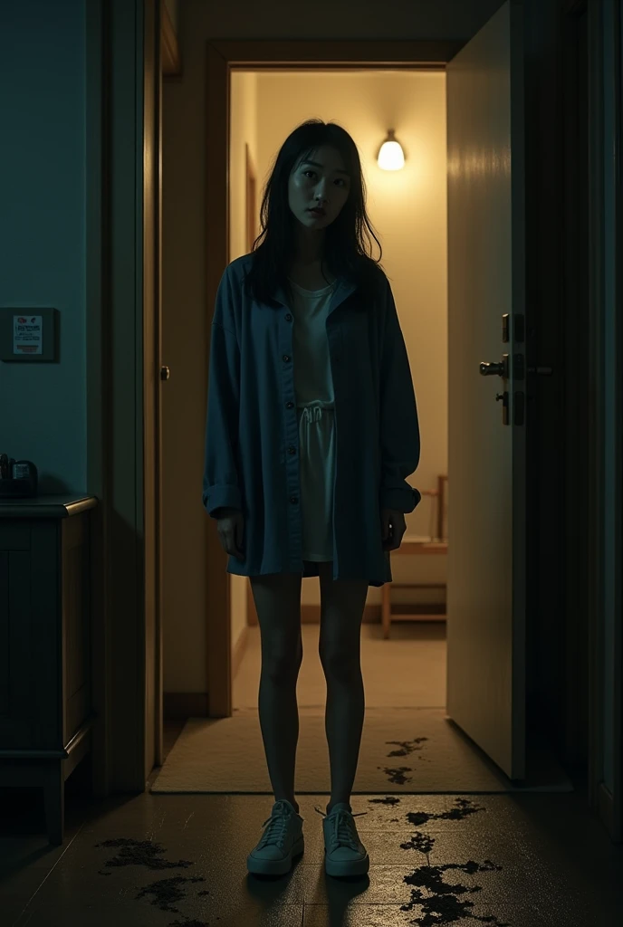 A modern Japanese woman,now standing outside her apartment, looking down at the floor with wide eyes. On the ground, there are small, muddy footprints leading away from the door. The scene is dark, with the only light coming from the open door behind her, creating a sense of foreboding