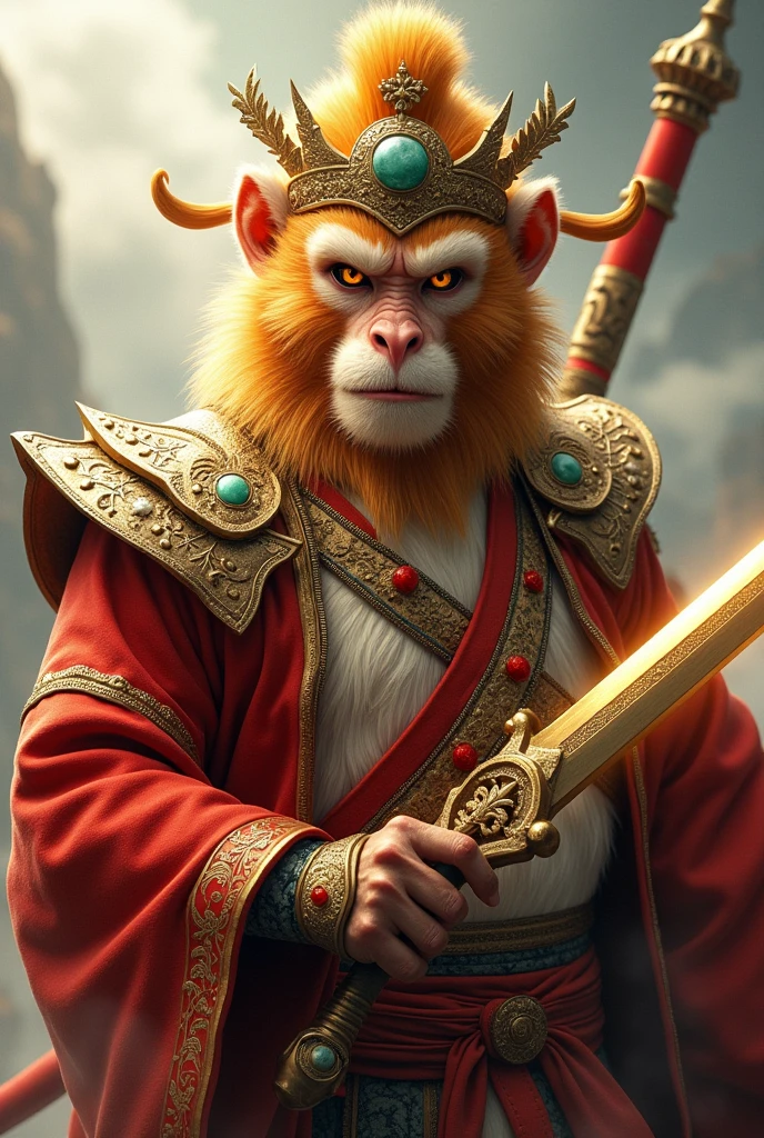 (photorealism:1.2), A hyper-realistic depiction of Sun Wukong, the Monkey King, showcasing intricate details. His golden fur is meticulously rendered, with individual strands catching the light. He wears a regal crown adorned with jade and red gems, paired with traditional armor featuring ornate gold and red designs. His fierce, focused eyes convey wisdom and power. In one hand, he grips his legendary staff, Ruyi Jingu Bang, which is extended and glowing faintly with mystical energy. In the other hand, he wields a sharp golden blade with intricate engravings, its edge gleaming under the light. The color grading enhances the deep reds, vibrant golds, and earthy tones of his attire, with shadows adding depth to his muscular form. The background is subtly blurred, keeping the focus on Sun Wukong, while swirling clouds or a distant mountain landscape create a sense of mythic grandeur and warrior strength.