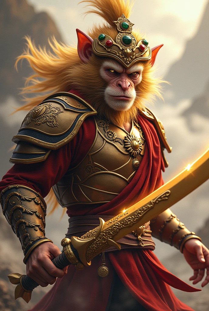 (photorealism:1.2), A hyper-realistic depiction of Sun Wukong, the Monkey King, showcasing intricate details. His golden fur is meticulously rendered, with individual strands catching the light. He wears a regal crown adorned with jade and red gems, paired with traditional armor featuring ornate gold and red designs. His fierce, focused eyes convey wisdom and power. In one hand, he grips his legendary staff, Ruyi Jingu Bang, which is extended and glowing faintly with mystical energy. In the other hand, he wields a sharp golden blade with intricate engravings, its edge gleaming under the light. The color grading enhances the deep reds, vibrant golds, and earthy tones of his attire, with shadows adding depth to his muscular form. The background is subtly blurred, keeping the focus on Sun Wukong, while swirling clouds or a distant mountain landscape create a sense of mythic grandeur and warrior strength.