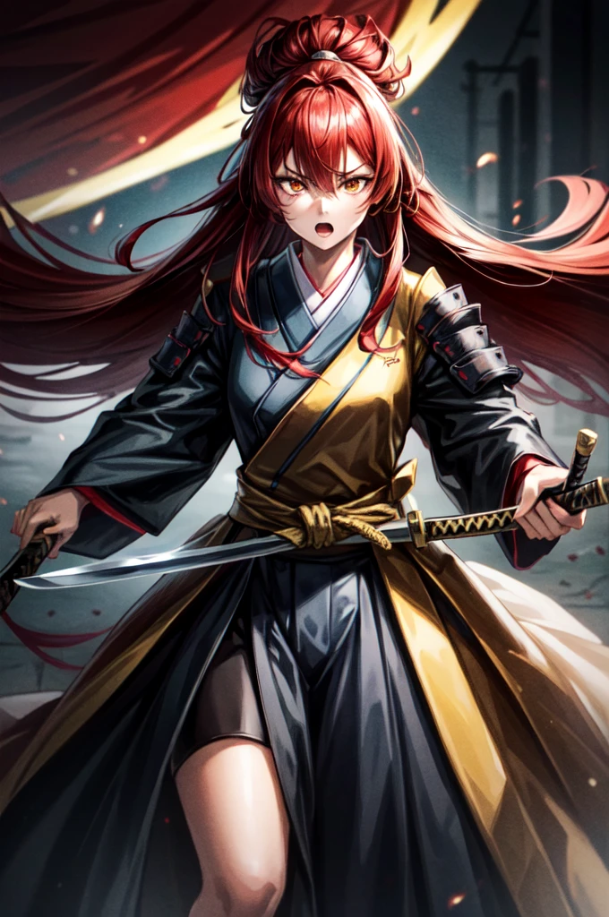 wearing armor One adult female, wearing black kimono, Long Hair, red hair, golden Eyes, snake pupils, Light makeup, intense anger, tite waist, holding big sharp sword, full body, big hair, hair over eye, anime, cinematic lighting, cowboy shot, UHD, retina, masterpiece, accurate, anatomically correct, textured skin, super detail, high details, high quality, award winning, best quality, highres, 8k