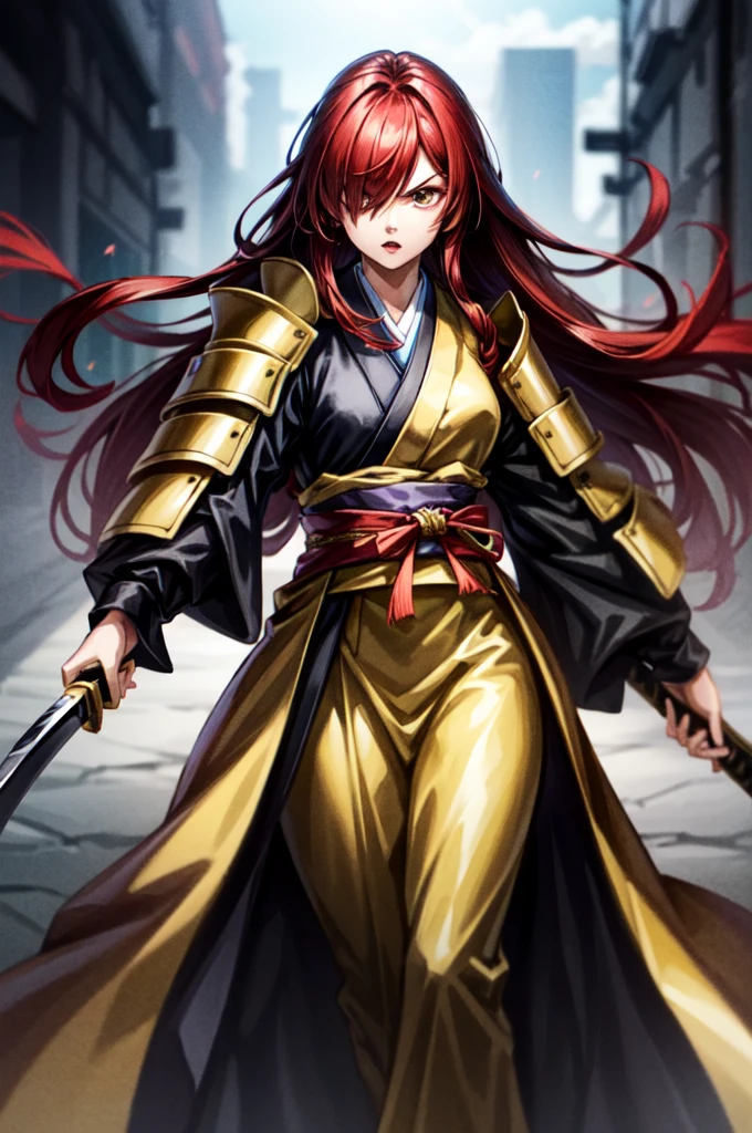 wearing armor One adult female, wearing black kimono, Long Hair, red hair, golden Eyes, snake pupils, Light makeup, intense anger, tite waist, holding big sharp sword, full body, big hair, hair over eye, anime, cinematic lighting, cowboy shot, UHD, retina, masterpiece, accurate, anatomically correct, textured skin, super detail, high details, high quality, award winning, best quality, highres, 8k