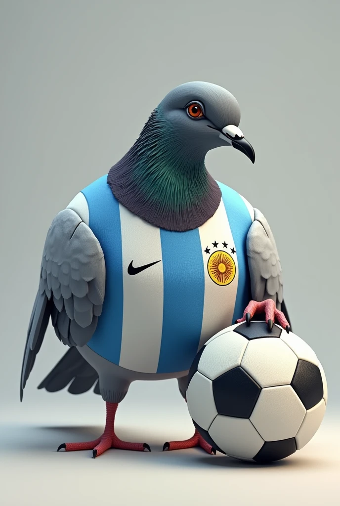 Make a grey pigeon with a darker grey neck and wearing the Argentine national team's clothes with a soccer ball in its paw.