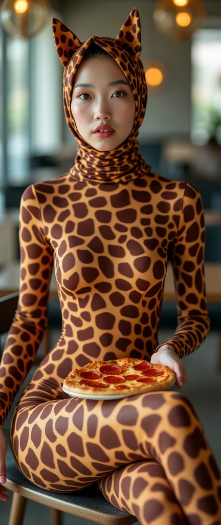 The most beautiful,thin,most pretty and clever Asian muslimah adult girl wears giraffe lycra turtleneck unitard catsuit covered with spots.She always wear giraffe print lycra dancewear stretchy hijab covered with many spots.She is sitting on the plastic chair and eats a lot of peperoni pizza at the hotel.