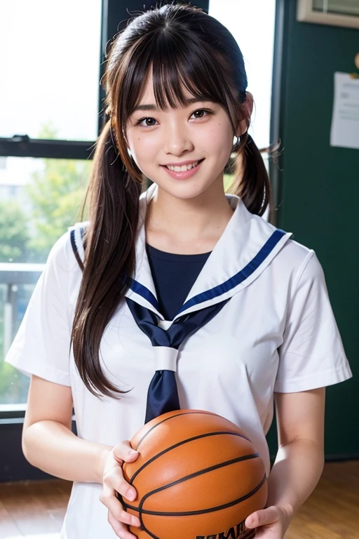 ((best quality)), ((masterpiece)), (detailed), 1girl, sexly、bangs、ponytail、School Sailor Uniform、gym、smile、basketball、