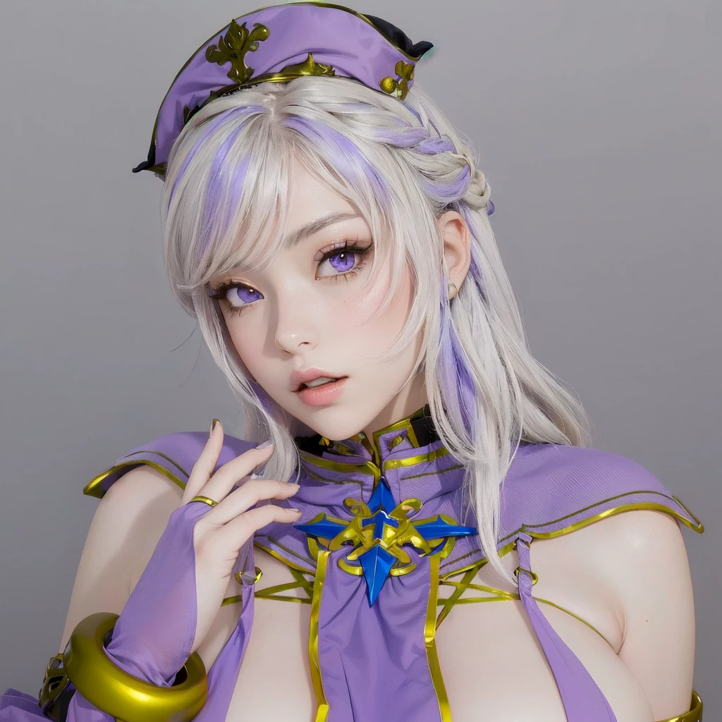 Anime style image of a woman in a purple outfit and hat, Mirabelle Madrigal&#39;s rendering, April Rendering, Ultra-detailed fantasy characters, 8K Portrait Rendering, Anime-style 3D, Cute 3D anime girl render, High Resolution Rendering, 8k octa-rendered photo, Photorealistic Anime Rendering, Portrait of a girl in the Knights of the Zodiac、Right eye closed、Wink