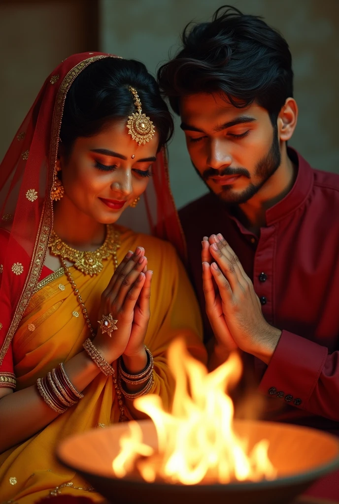 Young couple sitting in pooja in front of a pyre. Bride yellow saree with red veil. Eyes closed. Gold jewellery. Heavy makeup eyes closed hands in prayer. Groom in maroon kurta slight beard eyes closed. Bride slightly chubby and with dimples. Bith young looking . In devotion. Slightly sharp features. Make groom more younger and lively