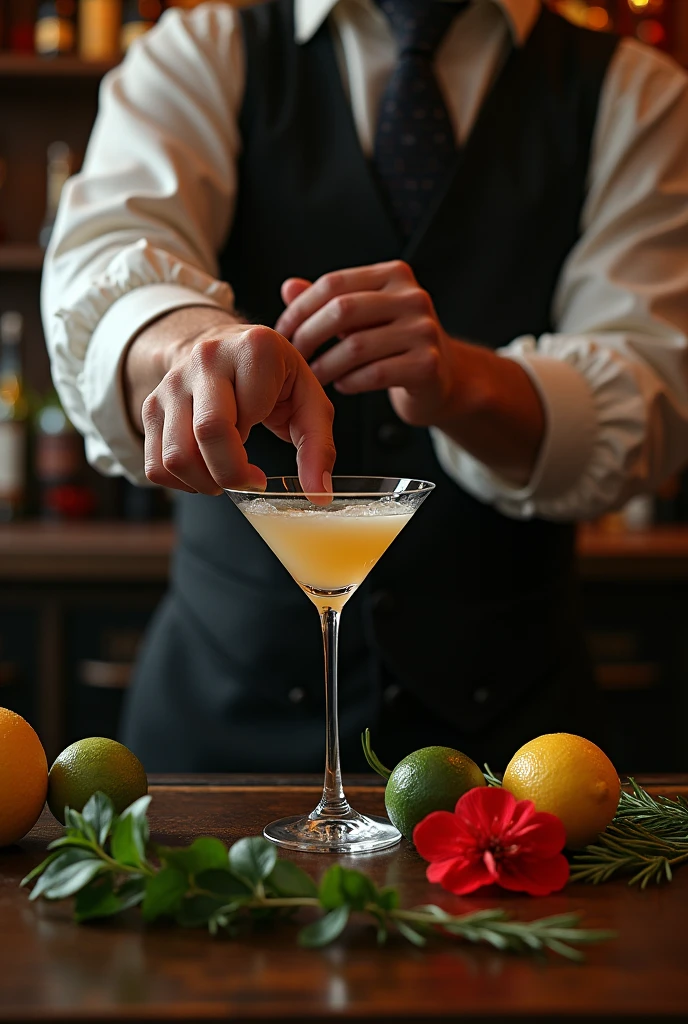 Authentic BAR,( The bartender's right thumb was amputated at the second knuckle.), Steampunk,1800'with Mojito, Spectacular landscapes, , Extremely precise movements, A sublime and delicate work, Cocktail, masterpiece, 8k, high quality, Hands are a key element in the scene, The hands are very realistic and sharp,I don't draw my face,Wine Bottle Background、Dark interior、On the counter are lots of herbs, lemons and limes.、Red flower、rosemary、Long thin glass