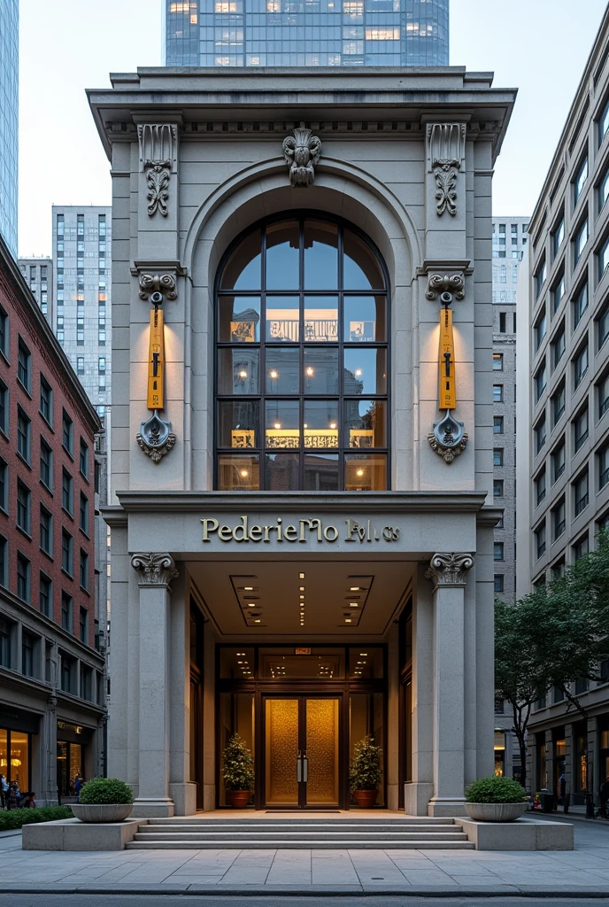 A company with a large façade that says Pedreiro Plus and two decorative tools