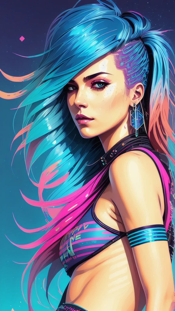 swpunk style synthwaveaward winning half-length portrait of a woman in a motel, big breasts and hot body naked, with teal navy blue ombre hairstyle with flying hair, paint splatters, splashes, overdrive, vaporware, shaded flat illustration, art digital, artstation trends, highly detailed, fine detail, intricate