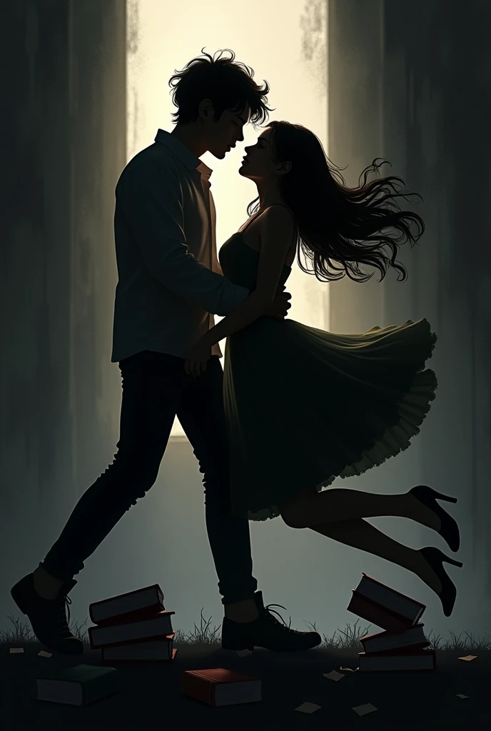 Black dark silhouette of an adult girl and boy hitting each other,the girl falling to the ground romance as her books fall to the ground but one stumble at a time