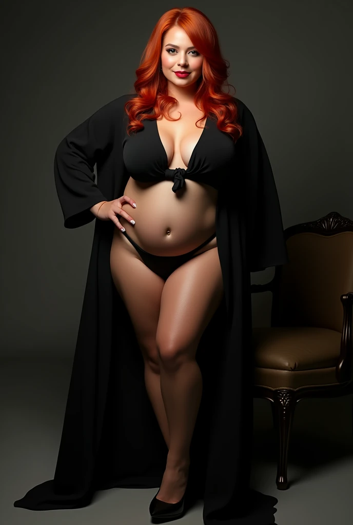 
40 year old woman weighing 80 kg wearing black open abaya and her legs open sexy standing and her high heels open her chest and lipstick and her belly open without underwear and her hair is red and the lighting is strong and she is sitting on a chair with one leg crossed over the other