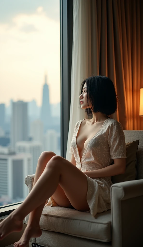 (Best quality, Japanese woman, 4, short black hair, (sitting by window, legs spread:1.3), luxury city hotel room, soft lighting)