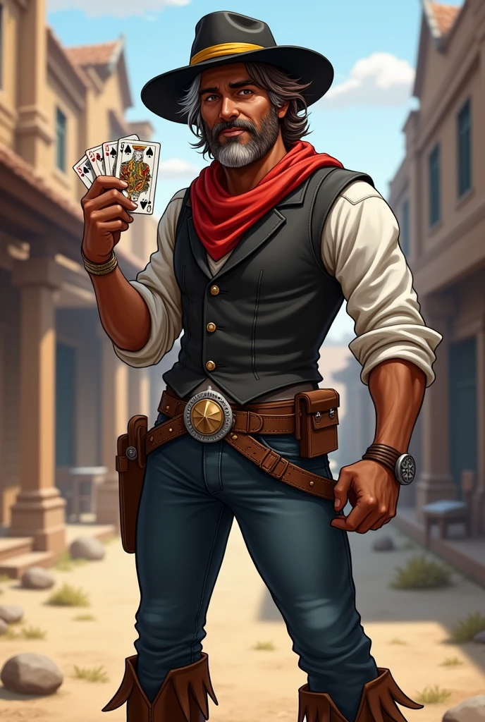 man, brown skin, brown hair., 
He has a long messy hairstyle,  with a white streak in his hair,
brown eyes, and a short, well-groomed beard. 
He has a normal physique, wears a black cowboy hat with a yellow band on it., 
He wears a black vest over a rolled-up white dress shirt, a red scarf around his neck, pants with a buckle, and boots with spurs. He is cheerful and well-liked, and he carries two decks of cards with him in 1857 ,RPG Fantasy, style
