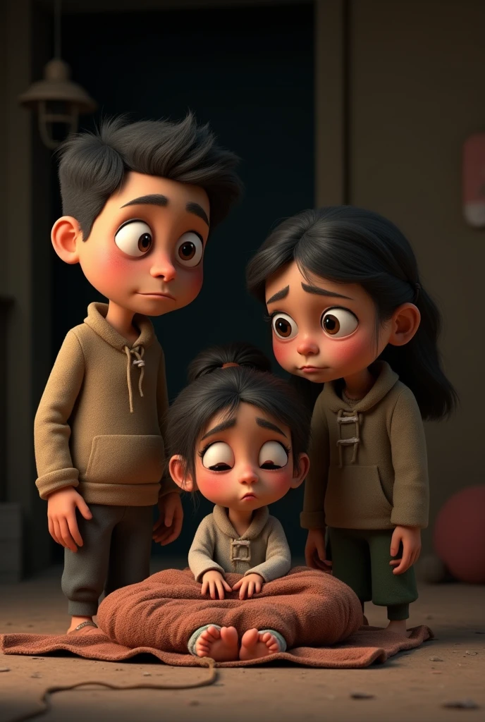 3D cartoon animation style.Illness: A somber image of Elara suffering from illness due to cold and malnutrition, with her parents looking on with concern.
