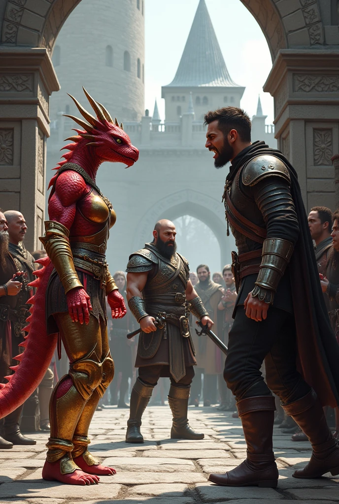 (digtal art) A red-scaled dragon-born female wearing a gold chainmail and an angry human male rogue in a stone bridge, both being stopped by a shouting medieval guard at the entrance of a medieval city, surrounded by a lot of medieval people.