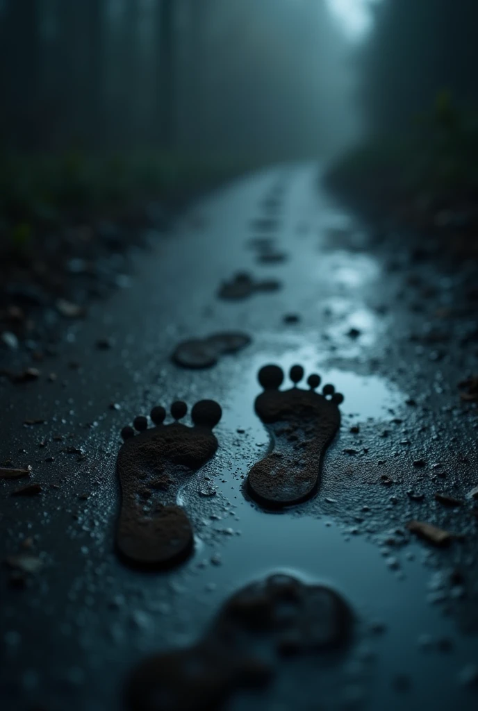 A close-up shot of the small, muddy footprints on the ground. The footprints look like they belong to a child, but they seem to appear and disappear mysteriously as they lead away into the darkness. The image is unsettling, with a cold, eerie vibe.
