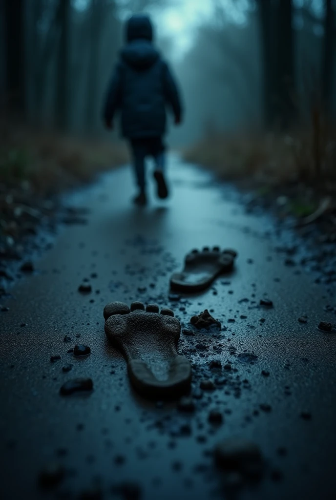 A close-up shot of the small, muddy footprints on the ground. The footprints look like they belong to a child, but they seem to appear and disappear mysteriously as they lead away into the darkness. The image is unsettling, with a cold, eerie vibe.
