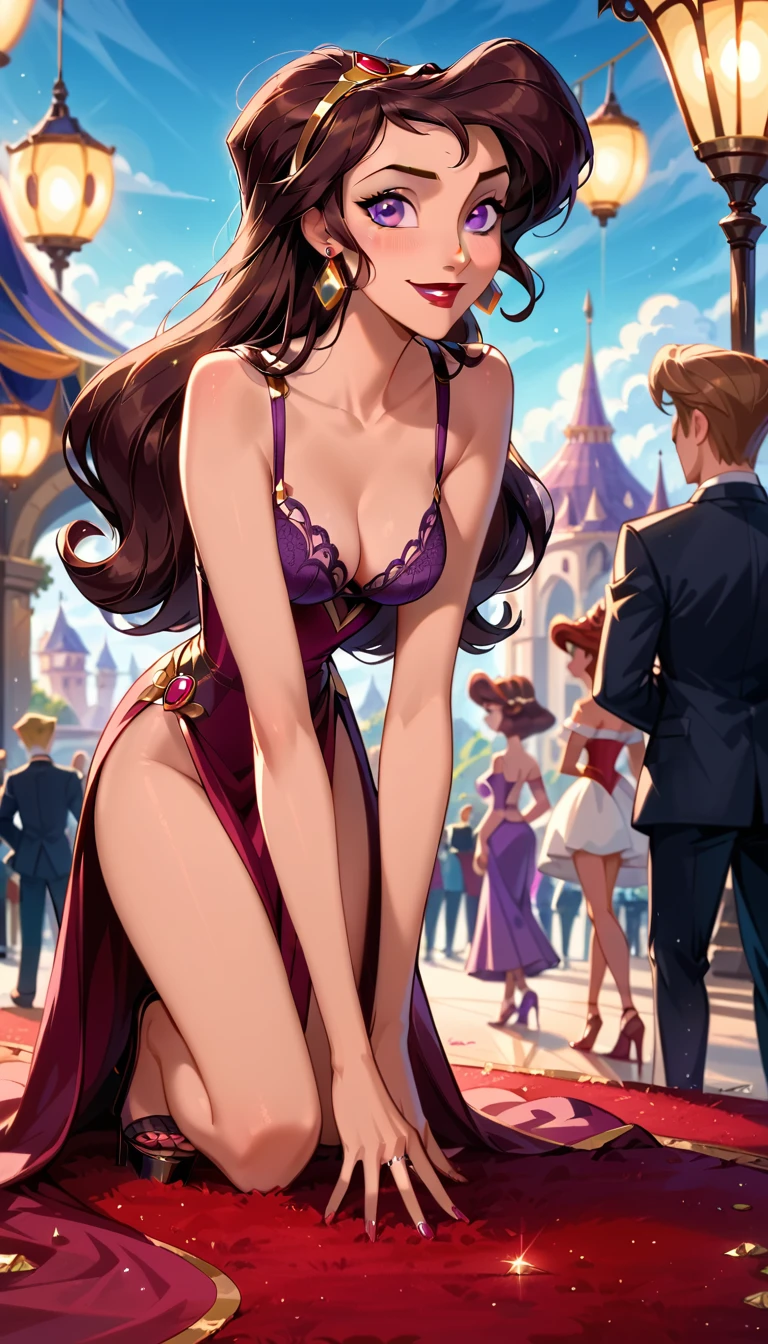 score_9, score_8_up, score_7_up, score_6_up, cinematic film still, 1girl, (Disney's Megara, m_ra, brown hair, medium  hanging, Slim body, sexy lolegs, purple eyes, ponyail:1.3), (majestic metallic purple Lingerie 1.3), black platform heels sandals, all fours, award show, red carpet, large crowd, paparazzi, flash photography, smiling, posing, (cinematic lighting:1.2),, shallow depth of field, vignette, highly detailed, high budget, bokeh, cinemascope, moody, epic, gorgeous, film grain, grainy, midnight, beautiful eyes, highly detailed eyes, best quality, masterpiece.